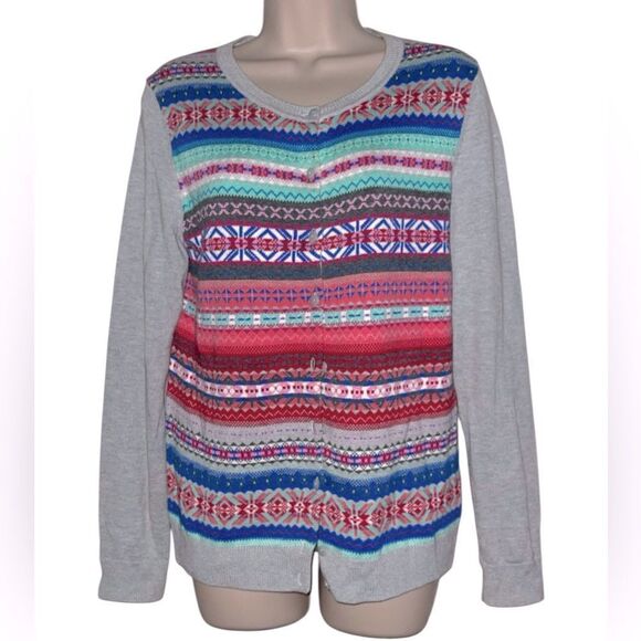 Talbots Cardigan Sweater Gray Multicolor Nordic Fair Isle Nylon Womens Sz S - Picture 1 of 6